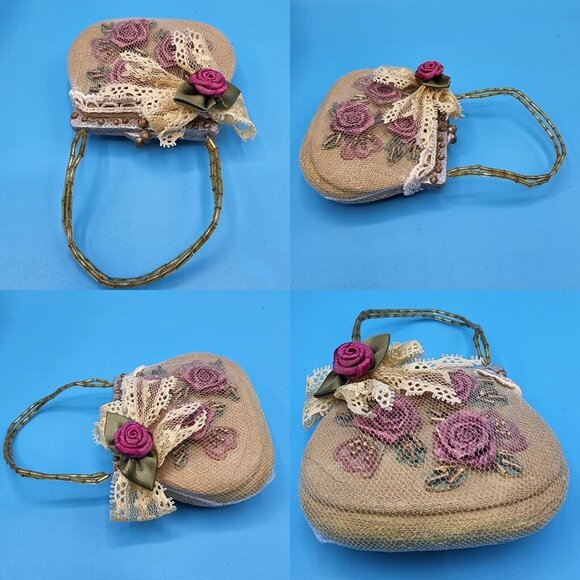 1990s Victorian Purse Ornaments Purple Roses Lace Tulle Beaded Handles Christmas - Picture 11 of 11